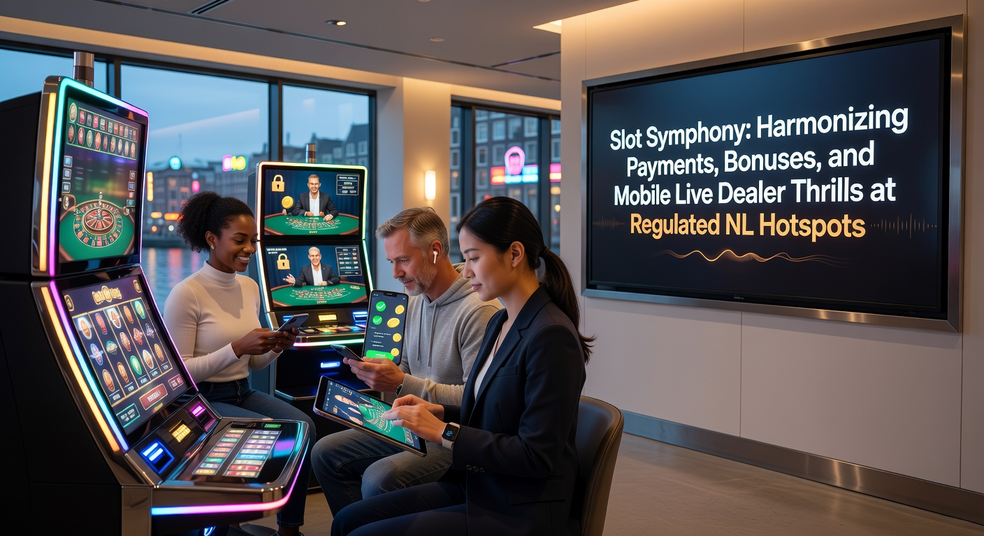 Schermafbeelding van een mobiel casino met live dealer blackjack, slots en bonuspop-ups op een Nederlandse licentiesite, symboliserend harmonieuze gameplay