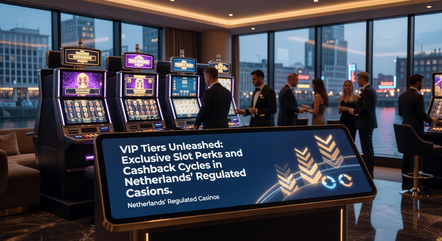 Grafische weergave van VIP-tiers met gouden slotmachines en cashback-symbolen in een Nederlands casino-omgeving